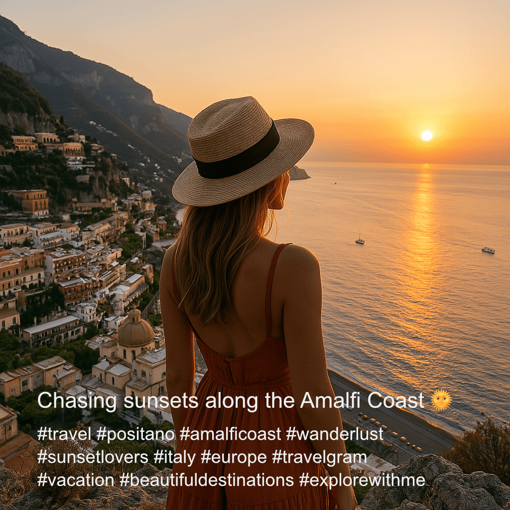 Screenshot showing HashtagPro generating hashtags for an Amalfi Coast photo